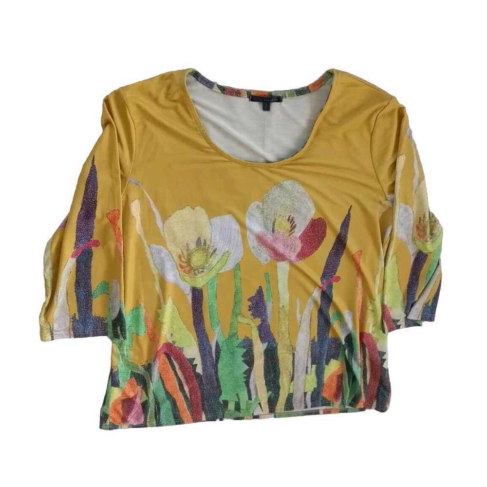 Lily London Women Large Garden Floral Pullover Stretch Blouse 3/4 Sleeve Yellow
